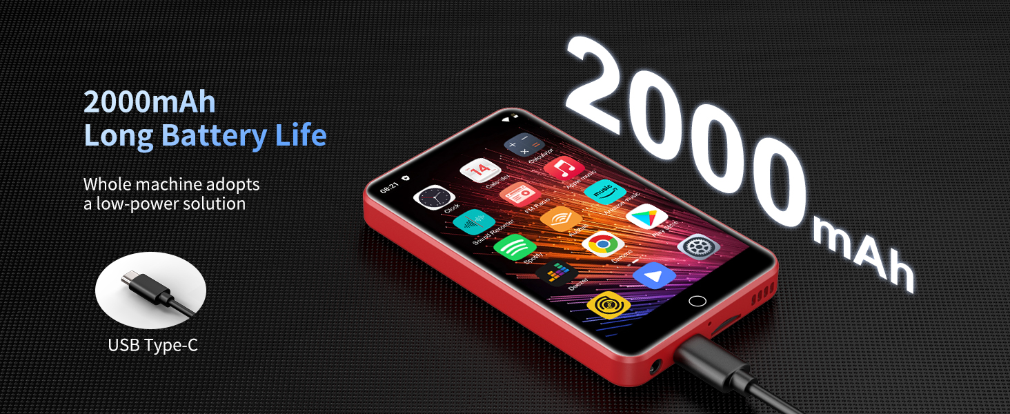 Smartphone with red frame displaying colorful app icons, featuring 2000mAh battery capacity and USB Type-C charging port.