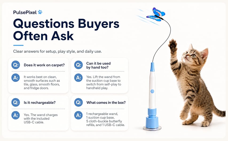 FAQ image for PulsePixel rechargeable butterfly cat toy answering common buyer questions