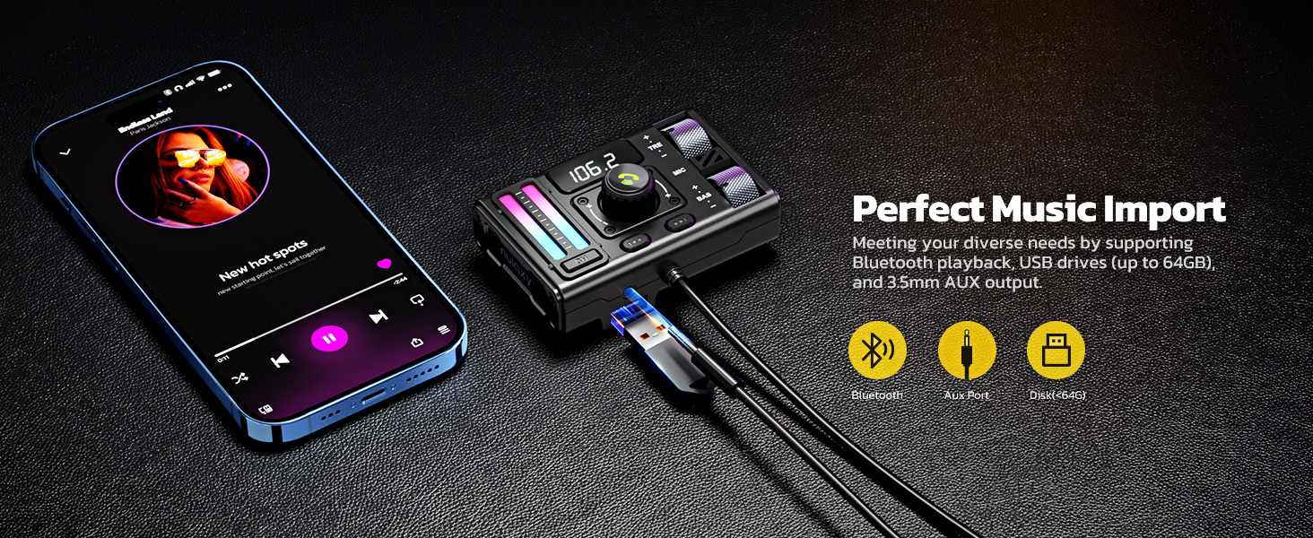 Wireless FM Radio Transmitter Supports Bass &amp; Treble Boost