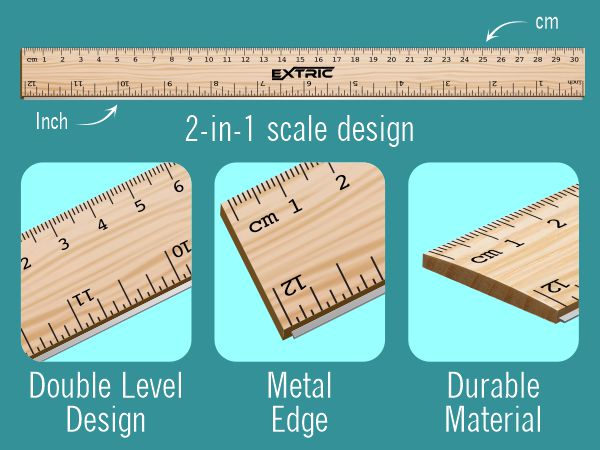 Rulers 12 Inch, Wood Ruler with Metal Edge Greta for School, Classroom, Home, and Office