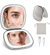 1X 10X Magnifying Compact Makeup Mirror, 3 Color Dimmable LED Lighted Travel Mirror, Double Sided...