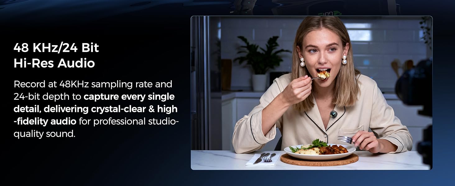 Text reads '48 kHz/24 Bit Hi-Res Audio' and 'Record at 48KHz sampling rate and 24-bit depth to capture every single nuance of your voice, delivering studio-fidelity audio for professional musical broadcast.' Person eating while seated at table.