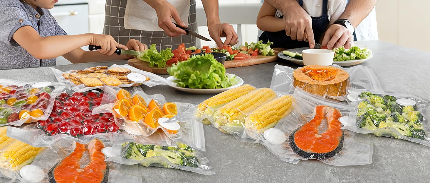 A pristine kitchen countertop with neatly organized vacuum-sealed packages of various foods, showcas