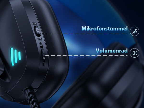 Close-up of gaming headset controls, showing a microphone mute switch and volume wheel. Blue illuminated indicators visible. German text labels components.