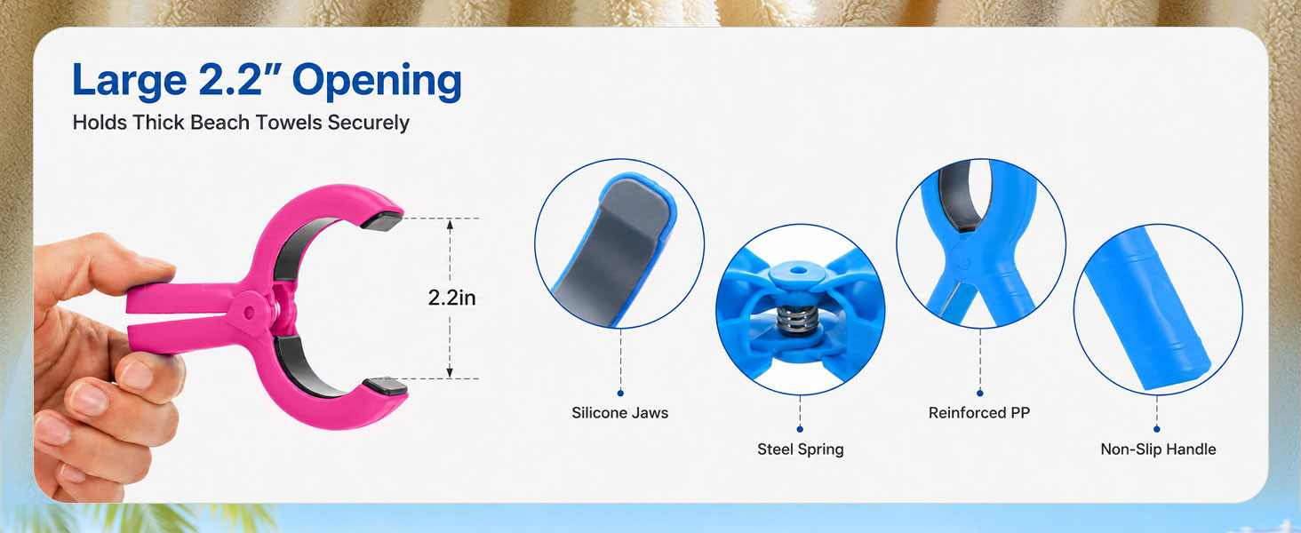 2.2 inch opening beach towel clips hold thick beach towels securely