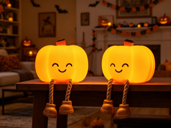 Two pumpkin night lights are placed on the table