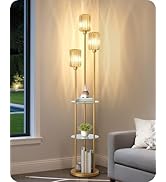 GOEBLESON Gold Floor Lamp with Shelves, Modern Floor Lamp with 3 Crystal Shades and Foot Switch, ...