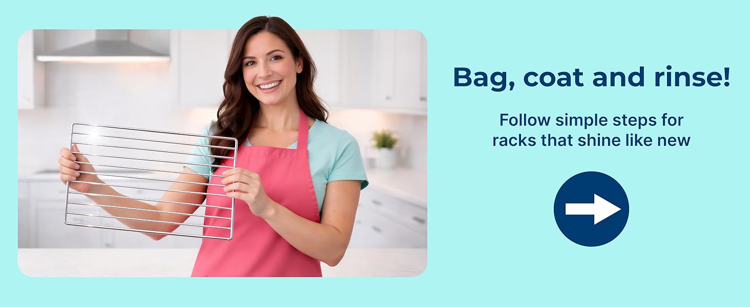 Carbona oven rack cleaning system with bag soak method for easy, no-scrub cleaning