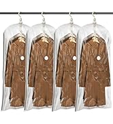 Four clear garment bags containing identical brown coats, hanging in a row with visible storage or display hooks.