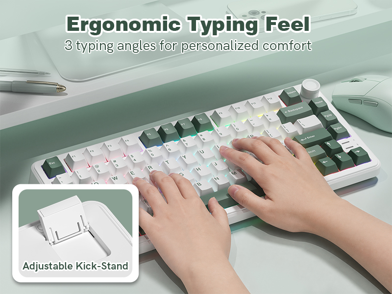 Keyporia L75 mechanical keyboard with adjustable kickstand for 3 ergonomic typing angles.