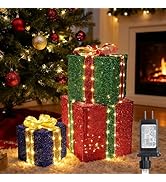 Jyoiat Set of 3 Christmas Lighted Gift Boxes - Pre lit Presents Christmas Boxes with Different Si...