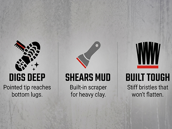 sole scrubber boot brush digs deep into lugs scraps mud stiff bristles built tough