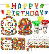 LINHAXM 177 Pcs Building Block Birthday Party Supplies, Colorful Plates, Napkins, Cups, Tableclot...