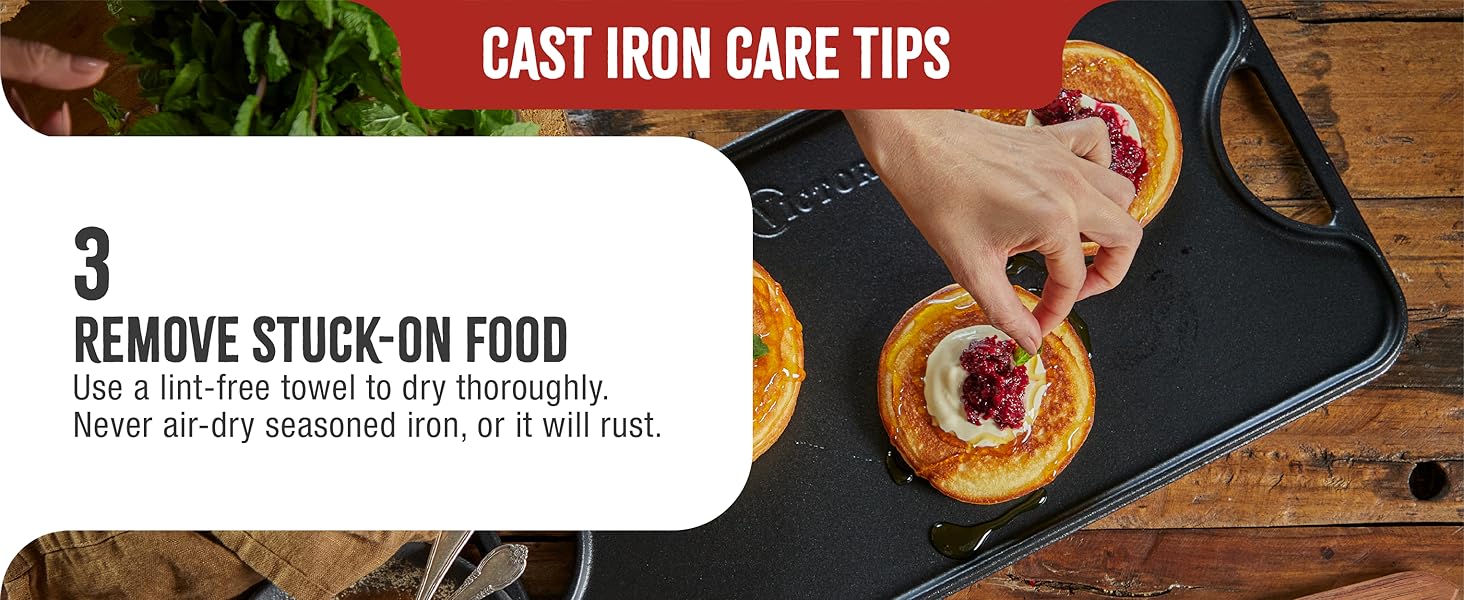 Pancakes on a griddle. Text reads: Dry with a towel. Use a towel to dry the griddle. Never air-dry.