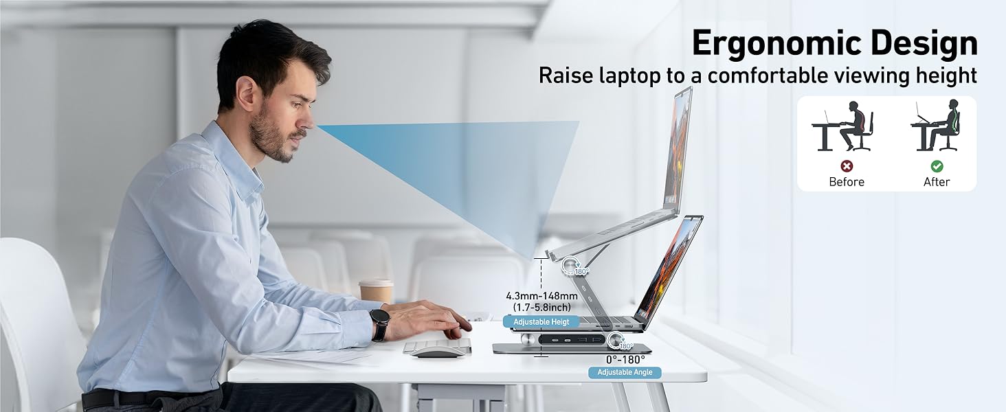 Text reads 'Ergonomic Design'. Office setup showing proper ergonomic positioning with desk and monitor height measurements illustrated through white diagram lines.
