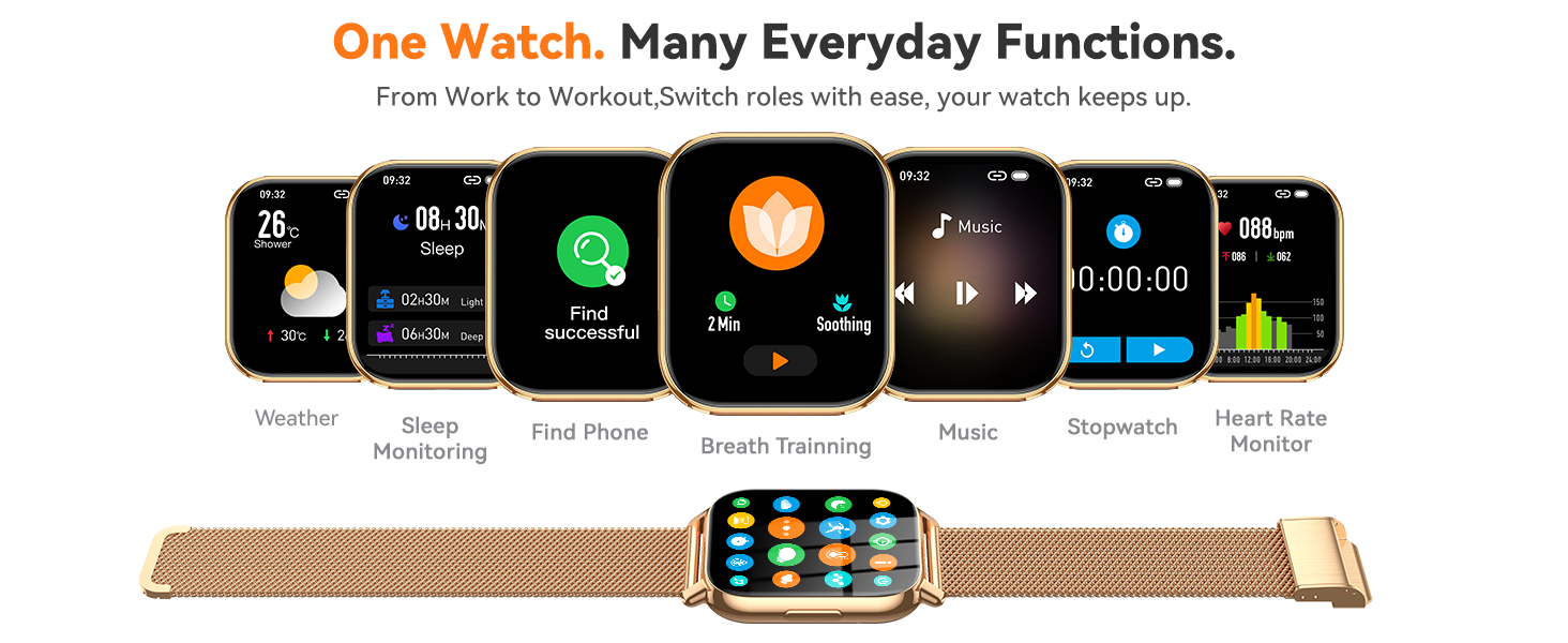 smart watch with Calorie Tracker, Stopwatch, Pedometer, Music Playback/Control, Weather