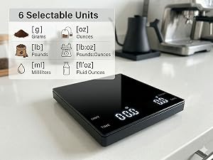 A mini coffee scale sits on a premium home coffee bar, featuring 6 measurement units.