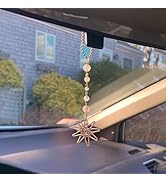 Sun Hanging Car Charm,Green and Gold Rear View Mirror Accessories Cute Boho Dangling Sun Car Deco...