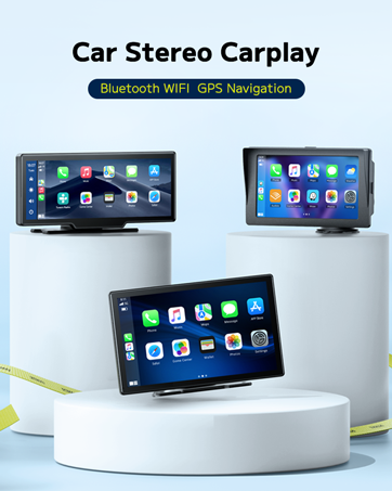 Car stereo display showing three screens with CarPlay interface, featuring Bluetooth, WiFi, and GPS navigation capabilities on white pedestals.