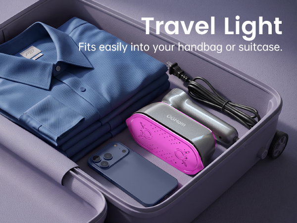 Travel Light: Portable Handheld Travel Steamer Fits Easily in Your Suitcase or Bag.