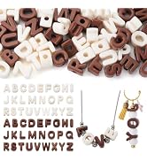 FASHEWELRY 52Pcs Large Acrylic Slide Letter Beads Brown Cream White Colored Alphabet Beads 3D Big...
