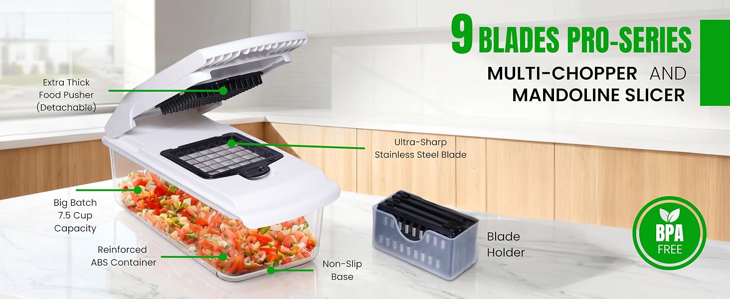 9-blade vegetable chopper with food container, mandoline slicer, and BPA-free design.