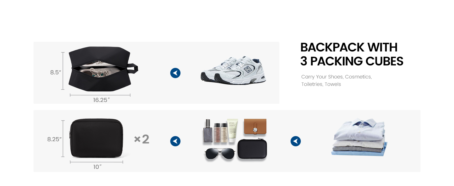 3 packing cubes for shoe/clothes/toiletries