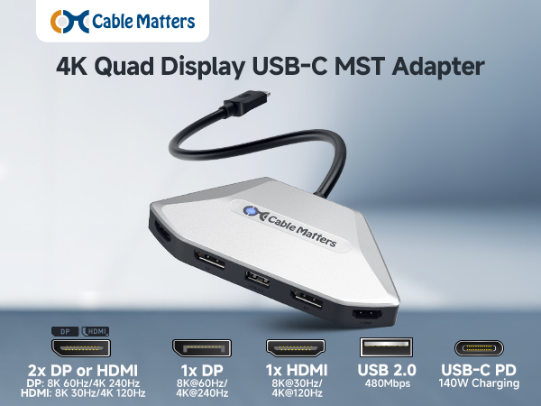 Cable Matters 4K Quad Display USB C MST Adapter with DisplayPort 2.1 and HDMI 2.1, 8K resolution