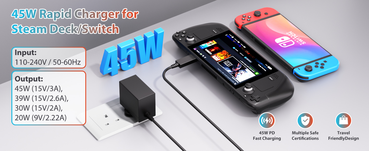 Charger for Nintendo Switch, 45W AC Adapter, Switch Lite/ Switch OLED/Steam Deck/Switch TV Mode