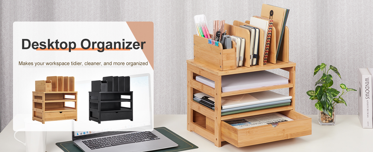Bamboo Desk Organizer with Drawer and File Holder