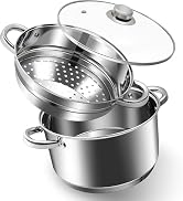 KroWallu 4 QT Stainless Steel Cookware Set, 3-Piece Multipurpose Stock Pot with Steamer Pot and T...
