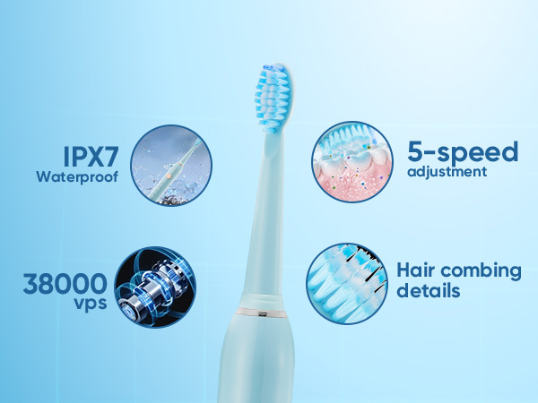 Text includes 'IPX7', '5-speed', '38000', 'Hair combing details'. Product feature icons on light blue background showing waterproof and speed specifications.