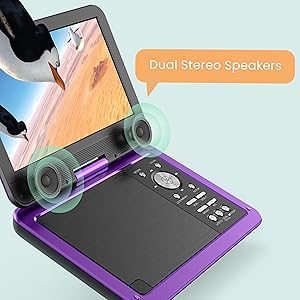 Text reads 'Dual Stereo Speakers'. Purple tablet stand with control buttons and dual speaker system illustrated with transparent speaker icons.