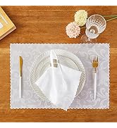 HommxJF 4 Pieces Wave Scroll Damask Jacquard White Placemats,13 x 19 inch Protect Surface Heat an...