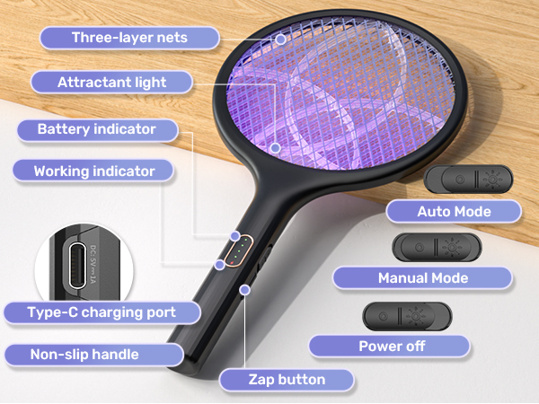 Electric Fly Swatter 4000V Bug Zapper Racket Dual Modes Mosquito Killer