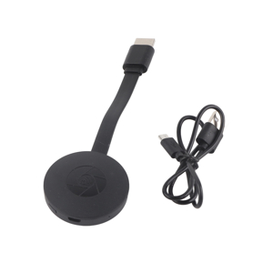 Multiple views of a black circular streaming media device with attached cable, shown from different angles against white background.