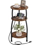 Yuede Small Round Side Table with Charging Station, 3-Tier Rustic Wood &amp; Metal Charging Nightstan...