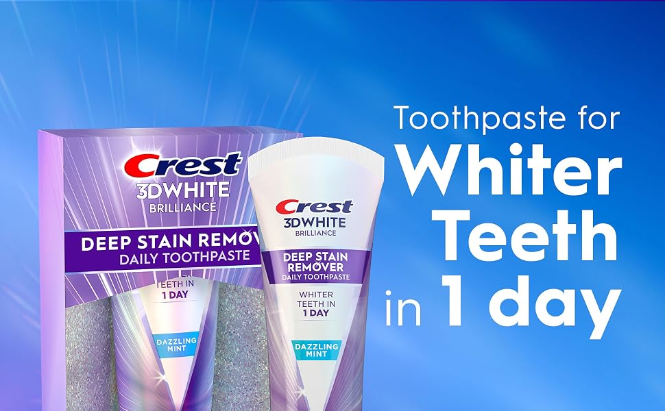 Crest 3DWhite Brilliance Deep Stain Remover Dazzling Mint toothpaste, for whiter teeth in 1 day.