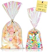 Labeol 100pcs Iridescent Cellophane Bags Goodie Candy Gift Bags 5×11 4×9.5 Valentines Day Treat B...