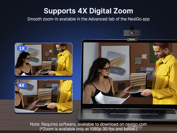 Two people are showing fabric details using a 4× zoom webcam.