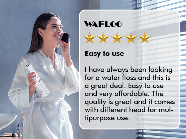Woman in white robe using Wafloo water flosser in bathroom. Product review highlights ease of use, affordability, and multiple tips for various purposes.