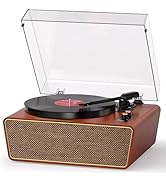 MANGOSTAN All-in-One Bluetooth Record Player with 4 Built-in Speakers, 3-Speed Belt-Drive Turntab...