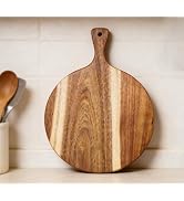 ZeQi Round Acacia Wood Cutting Board with Handle 16''x12'' /Charcuterie Board/Pizza Board/Serving...