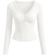 MEROKEETY Women's 2026 Fall Long Sleeve Tops V Neck Lace Trim Ruched Ribbed Button Henley Shirts ...