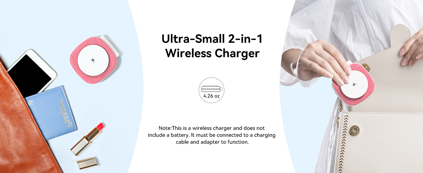 Text reads: 'Ultra-Small 2-in-1 Wireless Charger' and 'Note: this is a wireless charger and uses-up minimal energy. If not in use remember to stop charging immediately.' Small circular pink wireless charging device shown in flat lay and in-use views.