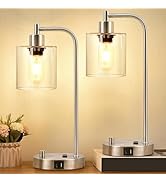 Set of 2 Industrial Table Lamps with USB C+A Ports and Outlet, Brushed Nickle Fully Stepless Dimm...