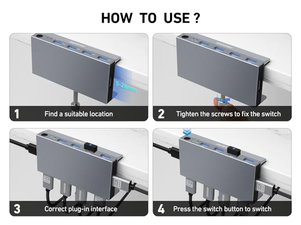 Step-by-step installation guide for a gray electronic USB interface switch, showing mounting location, screw tightening, cable connection, and power button activation.