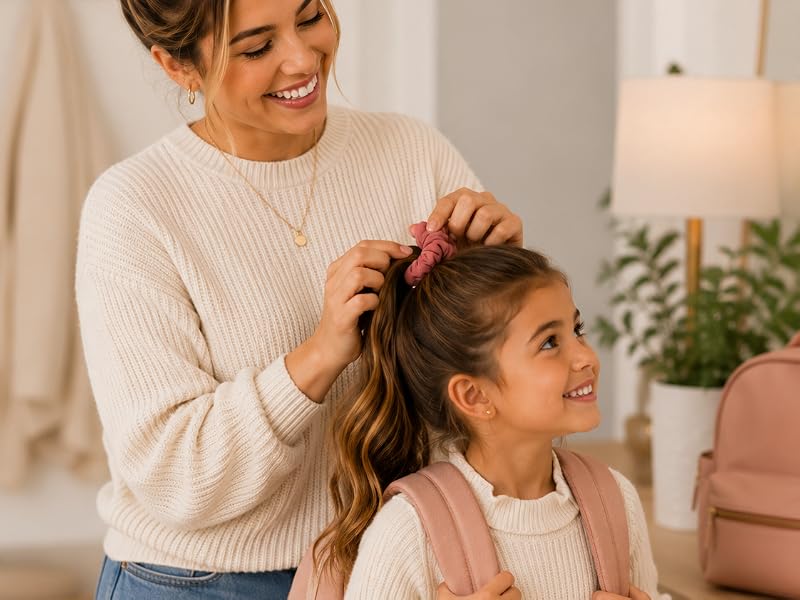 Mother Making Childs hair for Back to school with scrunchie