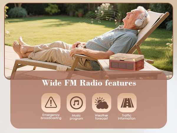 Text reads 'Wide FM Radio features' with four icons below showing Emergency Information, Music Player, Weather Forecast, and News Updates against a tan background.
