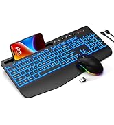 Wireless Keyboard and Mouse Combo - 7Color Backlit, Wrist Rest, Rechargeable, Silent Light Up Key...